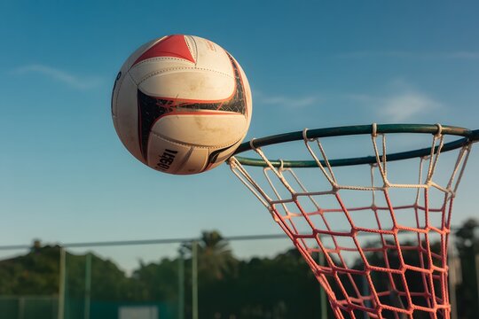 netball moment frozen mid air with red and white net details