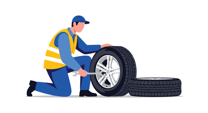 Dedicated mechanic meticulously servicing a car tire in professional auto repair environment, highlighting precision and vehicle maintenance expertise