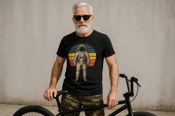 Stylish senior man with white beard wearing sunglasses and astronaut t-shirt standing beside bicycle.