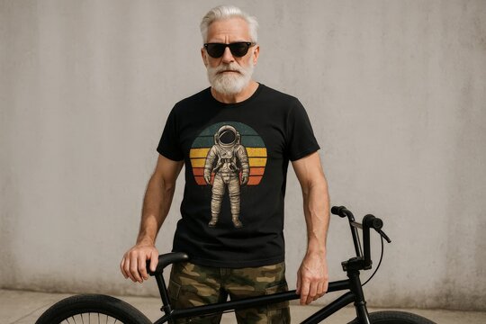 Stylish senior man with white beard wearing sunglasses and astronaut t-shirt standing beside bicycle.
