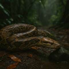 Majestic Python Coiled on Forest Floor Amidst Gentle Rain Showers