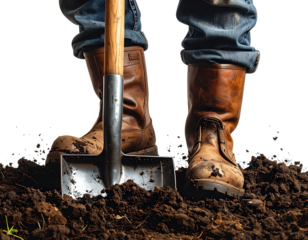 Gardener Digging Soil with Shovel Using Foot Pressure, Farming Tool Action Isolated on Transparent Background