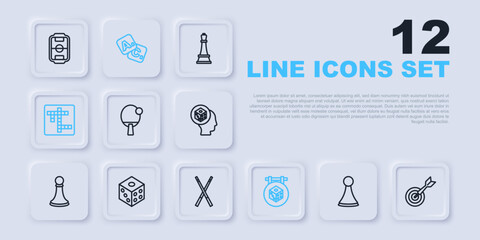 Set line Chip for board game, Classic dart and arrow, Racket, Game dice, Crossword, Bingo and Crossed billiard cues icon. Vector