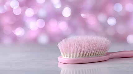 Soft Pink Hairbrush on White Wood with Bokeh Lights Background