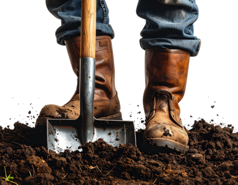 Gardener Digging Soil with Shovel Using Foot Pressure, Farming Tool Action Isolated on Transparent Background - Powered by Adobe