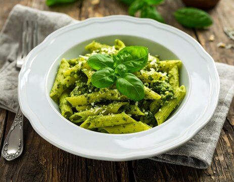 A bowl of penne pasta with pesto sauce, garnished with basil and parmesan cheese, sits on a rustic wooden table