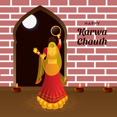 Karwa Chauth Married women Indian festival celebration Poster, Banner or greeting card design Vector Illustration.