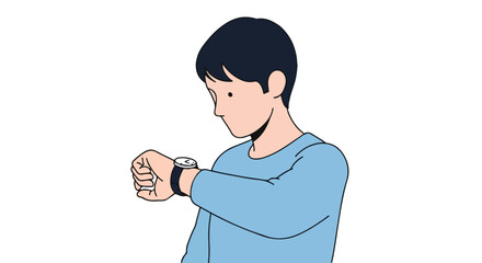 Illustrated man anxiously checks wristwatch for punctuality or deadline awareness in a simple style