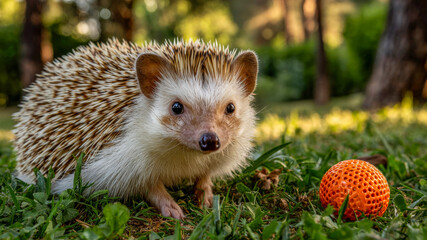 Naklejka premium Curious hedgehog exploring a sunny garden with a vibrant orange ball on a warm afternoon