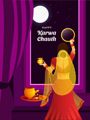 Karwa Chauth Married women Indian festival celebration Poster, Banner or greeting card design Vector Illustration.