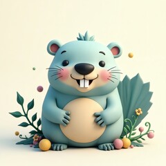 Obraz premium a cute, cartoonish beaver smiles warmly with floral background