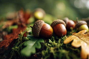 Fototapeta premium Acorns and Fallen Leaves on Green Mossy Ground