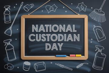 Celebrate National Custodian Day with this chalkboard design featuring cleaning supplies, ideal for schools, offices and building services recognition
