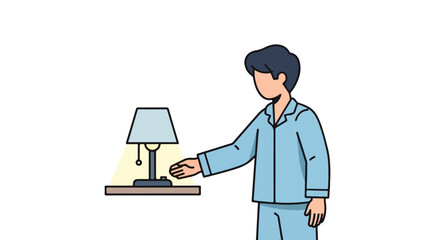 Illustration depicting a man in pajamas reaching to turn off a bedside lamp before going to sleep at night