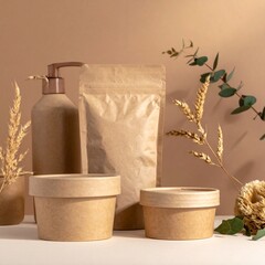 friendly product packaging mockups, recycled materials texture, 