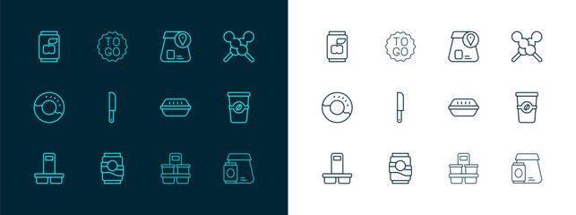 Set line Meatballs on wooden stick, Soda can, Lunch box, Coffee cup to go, Knife, Online ordering food, and icon. Vector