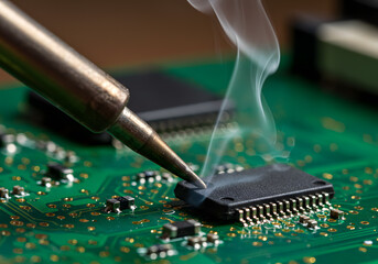 Fototapeta premium Close up of soldering iron melting solder on a circuit board with smoke coming out