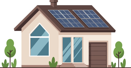 Modern eco-friendly house with solar panels on roof for sustainable energy and green living isolated on transparent background