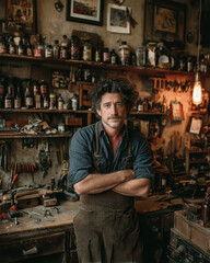 Fototapeta premium Portrait of a craftsman standing in his workshop with crossed arms