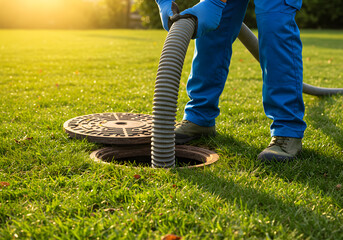 A worker inserting a hose into a septic tank on a sunny day in a green field