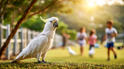 Fototapeta premium Cockatoo standing gracefully on the grass while children play in the park during sunset
