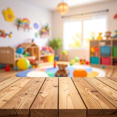 Wooden table in a blurry playroom