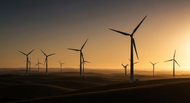 Silhouetted wind turbines stand tall against a golden sunset over rolling hills