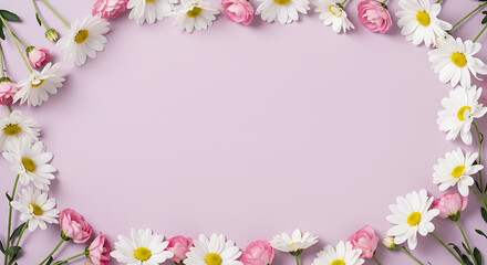 A delicate oval frame made of white daisies and pink rosebuds on a soft lavender background, perfect for a greeting card or invitation.