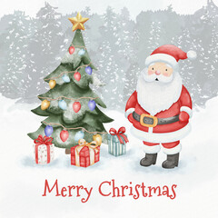 Watercolor Christmas card with an illustration of Santa Claus, decorated with Christmas tree, colorful lights, star on top, wrapped gifts, snow-covered forest in the background, greeting.