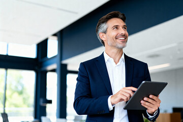 Confident Businessman Using Tablet in Modern Office Looking Upwards