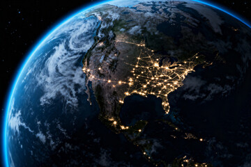 Earth From Space Showing North America Lit By City Lights At Night