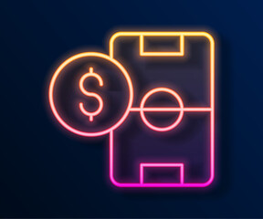 Glowing neon line Soccer football betting money icon isolated on black background. Football bet bookmaker. Soccer betting online make money. Vector