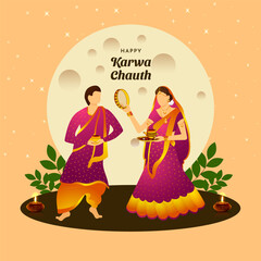 Karwa Chauth Married couple, women fating for her husband Indian festival celebration Poster, Banner or greeting card design Vector Illustration.
