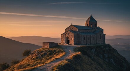Stone church atop a mountain ridge at sunrise
