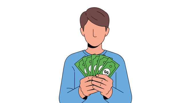 Faceless man holding fan of green money symbolizing financial success and prosperity in a minimalist cartoon style illustration isolated on white