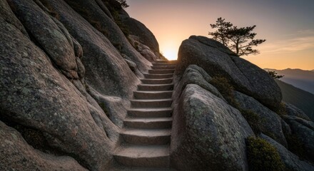 Stone steps ascend a rocky mountainside at dawn.  Sunrise breaks through the peaks