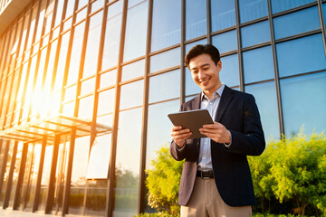 Successful Businessman Using Digital Tablet Outdoors Near Modern Office Building Sunrise