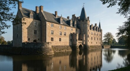 Fototapeta premium Stone castle, moat, reflecting in still water, sunlit facade, ancient architecture