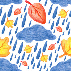 Melancholic autumn seamless pattern drawn with colored pencils. Botanical illustration with rainy clouds and autumn leaves. A child's drawing. Autumn. For textiles, packaging, wallpaper.