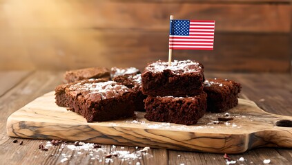 Fresh homemade chocolate brownies with powdered sugar on rustic wooden board and small American flag decoration symbolizing USA dessert tradition