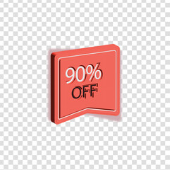 This PNG icon displays a red folded 3D label with the text “90% OFF,” ideal for emphasizing big discounts in medical products, pharmacy promotions, and online sales.