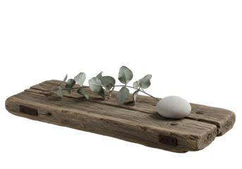 Textured wooden plank, dried eucalyptus, smooth river stone, on light grey background, bright diffused illumination, artful still life concept of natural beauty and minimalism