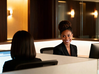 Friendly Professional Woman Greets Visitor at Modern Office Reception