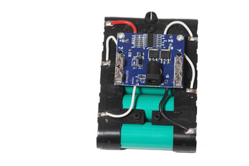 Technology: Lithium battery booster circuit on white background