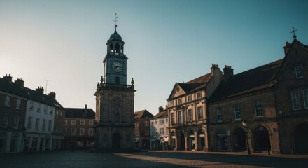 Sunlight on a historic town square, featuring a clock tower and older buildings