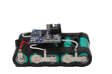 Technology: Lithium battery booster circuit on white background