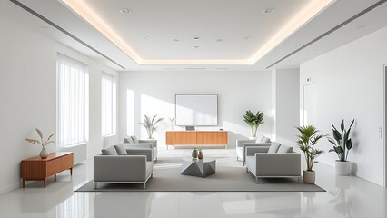 Fototapeta premium A minimalist office lobby featuring white walls and simple furnishings, filled with natural ambient light.