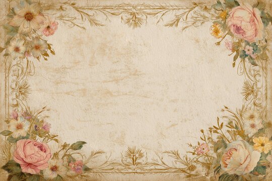 Vintage floral border design featuring roses and delicate flowers on a textured background, perfect for invitations.