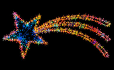 Kolorowe zimne ognie i fajerwerki układające się w kształt kolorowej Gwiazdy betlejemskiej na ciemnym tle. © Blue Pixel