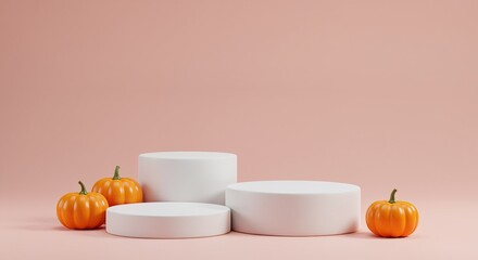 Three white cylindrical podiums with orange pumpkins on a pink background pedestal display stand 3d rendering mockup product